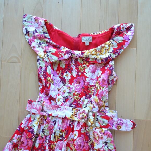 Lindy Bop Fit and Flare Midi Dress Red Floral Size L - Picture 2 of 4